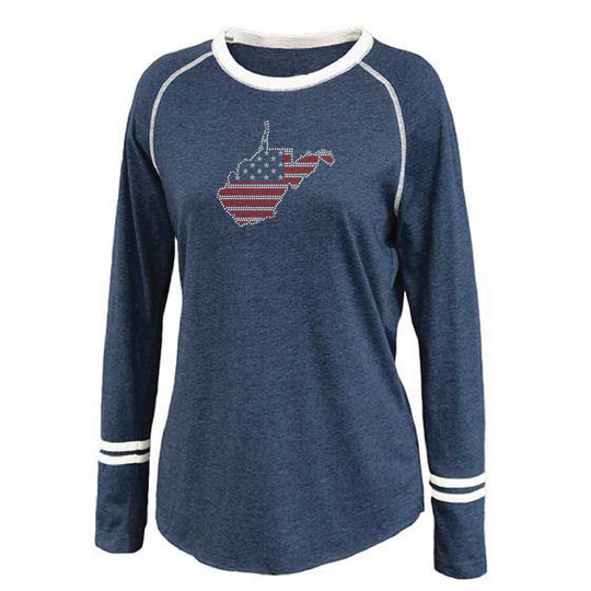 WVU American Flag Bling State Outline Crew