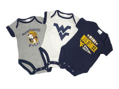 WVU Champion 3 Pack Of Baby Onesies